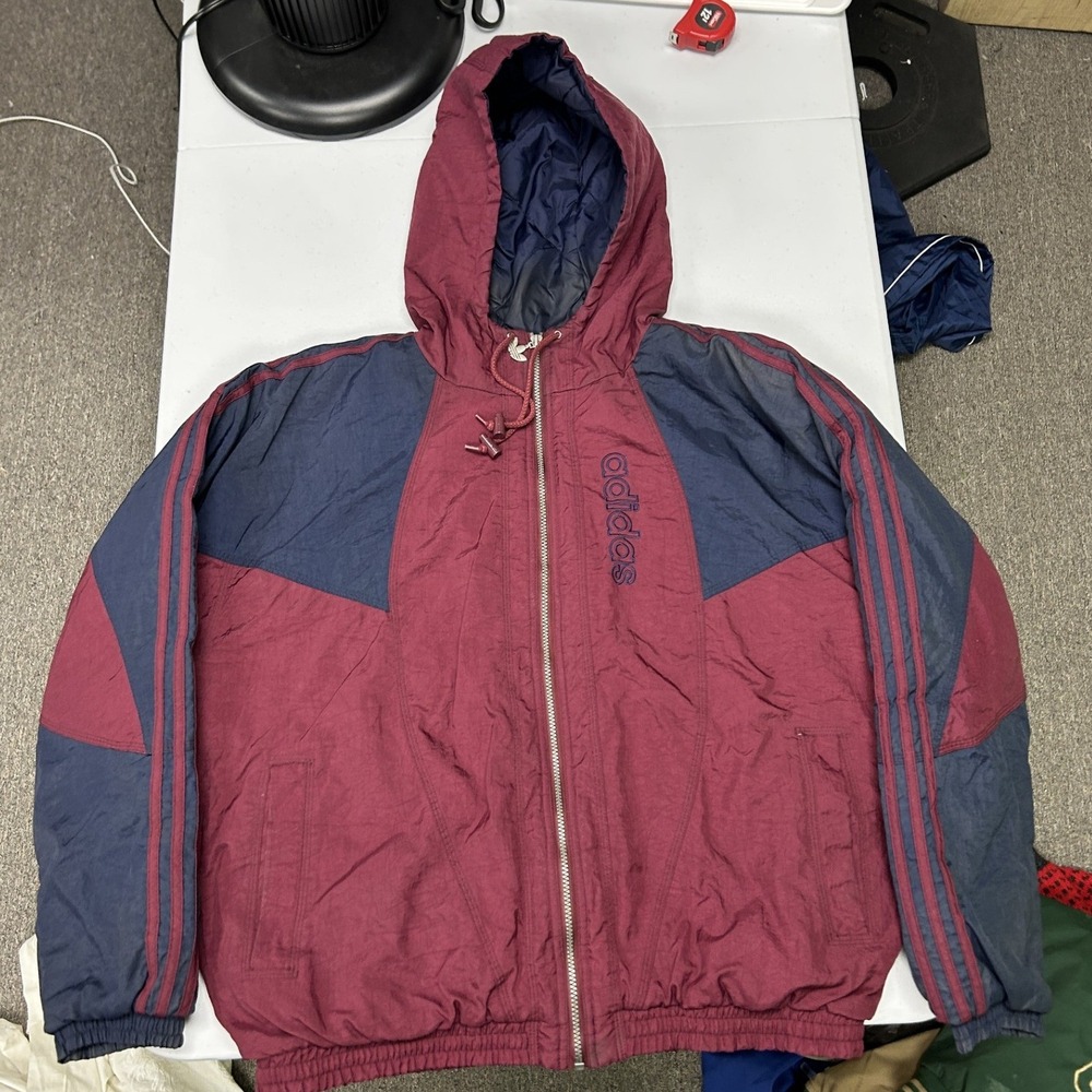 Adidas Puffer Jacket Mens L Burgundy Navy Blue Vintage Trefoil Hooded Zip F3